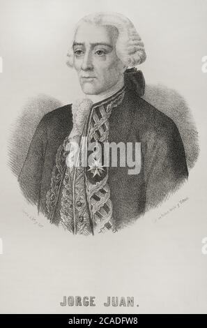 Jorge Juan y Santacilia (1713-1773). Officier de marine et scientifique espagnol. Portrait, 19e siècle. Illustration de Llanta. Lithographie. Cronica général de España. Historia Ilustrada y Descriptiva de sus Provincias. Valence, 1867. Banque D'Images