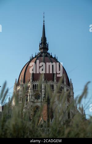 Photo verticale du dôme du Parlement hongrois, Budapest, Hongrie, vu à travers les branches Banque D'Images
