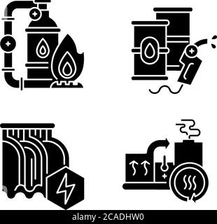 Les icônes de glyphe noir de fabrication de puissance sont définies sur un espace blanc. Extraction de gaz naturel, raffinerie de pétrole, barrage hydroélectrique et système de récupération de chaleur silho Illustration de Vecteur