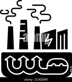 Icône de glyphe noir d'énergie géothermique. Centrale électrique industrielle, symbole de silhouette de station thermique sur espace blanc. En utilisant des ressources naturelles renouvelables, susta Illustration de Vecteur