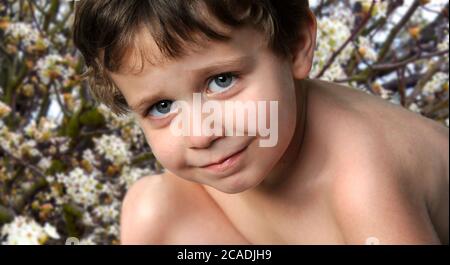 Le petit garçon s'agenouille à l'extérieur. Il est entouré de fleurs d'été de Springtime. L'image est un gros plan de son visage. Banque D'Images