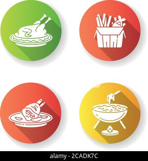 National cuisine plat design long ombre glyphe icônes ensemble. Restauration rapide. Canard de Pékin. Fish and chips britanniques. Jarret de porc rôti allemand. Fondue au fromage. S Illustration de Vecteur