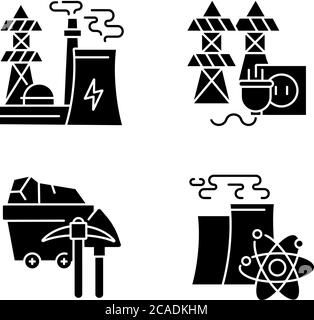 Les icônes de glyphe noir de fabrication d'énergie sont placées dans un espace blanc. Symboles de silhouette de centrale électrique, de réacteur nucléaire et de centrale d'extraction de charbon. Electrici Illustration de Vecteur