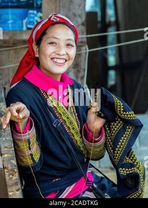 Ta PHIN, AJO CAI, VIETNAM - 21 NOVEMBRE 2014 : femme du groupe minoritaire Red Dao portant une coiffure traditionnelle près du village de Ban Ho, district de Sapa, Lao Cai, Banque D'Images