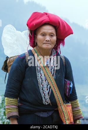 Ta PHIN, AJO CAI, VIETNAM - 21 NOVEMBRE 2014 : femme du groupe minoritaire Red Dao portant une coiffure traditionnelle près du village de Ban Ho, district de Sapa, Lao Cai, Banque D'Images