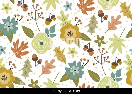 Motif fleuri automnal sans coutures. Fleurs, feuilles et branches colorées dessinées à la main, isolées sur fond blanc. Illustration vectorielle. Illustration de Vecteur