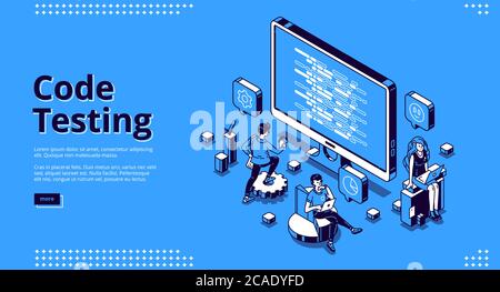 Bannière de test de code. Concept des erreurs de recherche et des bogues dans les logiciels, contrôle de la qualité du site Web ou de l'application. Page d'accueil Vector du test de programmation avec écran d'ordinateur isométrique et travailleurs Illustration de Vecteur