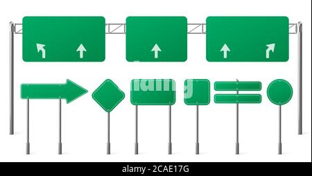 Panneaux de signalisation verts, panneaux de signalisation vierges sur poteaux en acier pour orienter la direction de la circulation urbaine, panneaux vides avec flèches de guidage blanches isolées sur fond blanc Illustration vectorielle 3d réaliste Illustration de Vecteur