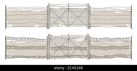 Clôture métallique à maillons de chaîne avec grille et barbelés. Ancienne grille et fil de rabitz rouillé avec des barbes isolées sur fond blanc. Vecteur illustration réaliste de la maille de fer, barrière de prison, frontière militaire Illustration de Vecteur