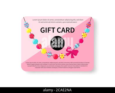 Carte cadeau avec perles colorées sur fond blanc. Accessoirisez le chèque-cadeau. Modèle de conception de coupon. Bon d'achat. Illustration vectorielle. Illustration de Vecteur