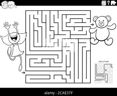 Dessin-modèle noir et blanc Illustration du jeu de Puzzle pédagogique Maze pour enfants avec personnage de fille et Teddy Bear coloriage Book page Illustration de Vecteur