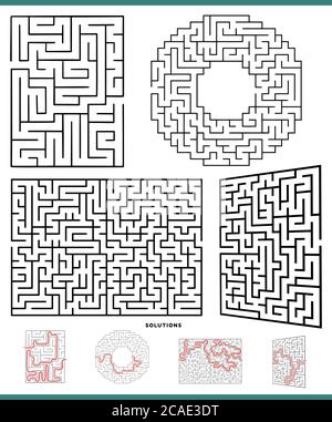 Illustration de labyrinthes noir et blanc Jeu de loisirs Activités définies avec des solutions Illustration de Vecteur