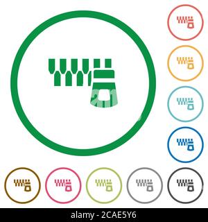 Fermeture éclair horizontale couleur plate icônes dans des contours ronds sur fond blanc Illustration de Vecteur