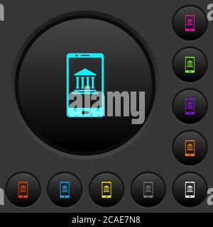 Boutons-poussoirs sombres pour banque mobile avec icônes aux couleurs vives sur fond gris foncé Illustration de Vecteur