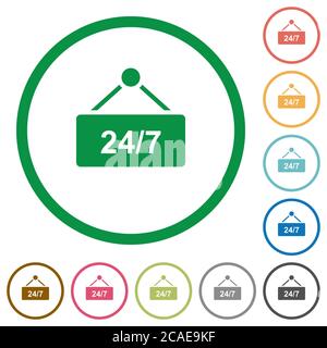 table suspendue avec des icônes de couleur plate 24 h sur 24, 7 jours sur 7, dans des contours ronds sur fond blanc Illustration de Vecteur