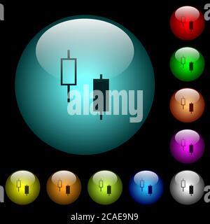 Deux symboles en forme de chandeliers de couleur boutons en verre sphérique lumineux sur fond noir. Peut être utilisé pour les modèles noirs ou sombres Illustration de Vecteur