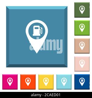 Station-service GPS emplacement de carte icônes blanches sur les boutons carrés bordés dans diverses couleurs tendance Illustration de Vecteur