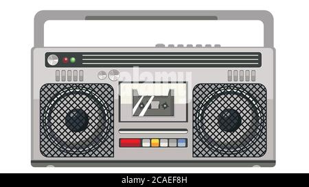 Lecteur de cassettes radio portable funky des années 80 avec motif notes musicales. Illustration de Vecteur