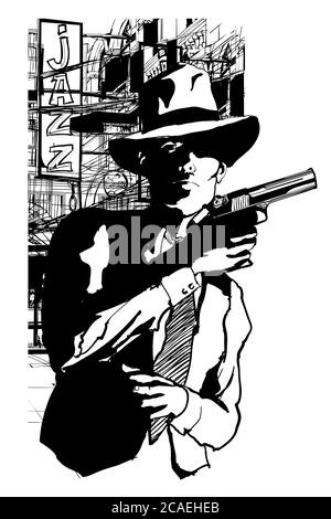 Gangster avec un pistolet dans le style de 1950 film noir et blanc - illustration vectorielle (idéal pour l'impression sur tissu ou papier, poster ou papier peint, huous Illustration de Vecteur