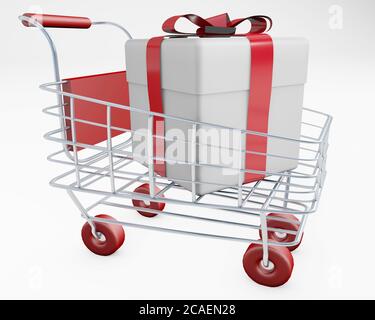 Shopping pour le concept de vacances avec un cadeau dans un panier 3d rendu isolé sur blanc Banque D'Images