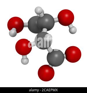 Molécule d'acide L-Threonic. Rendu 3D. Les atomes sont représentés sous forme de sphères avec un codage couleur conventionnel : hydrogène (blanc), carbone (gris), oxygène (rouge) Banque D'Images