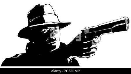 Gangster avec un pistolet dans le style de 1950 film noir et blanc - illustration vectorielle (idéal pour l'impression sur tissu ou papier, poster ou papier peint, huous Illustration de Vecteur