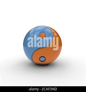 Symbole yin yang 3D avec des couleurs complémentaires bleu et orange sur fond blanc pour symboliser un cycle auto-perpétuant opposé mais interconnecté Banque D'Images