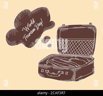 Journée mondiale du tourisme. 27 septembre. Valise et nuage avec texte félicitations pour les vacances touristiques. Illustration vectorielle dessin à la main, éclosion et ligne Illustration de Vecteur