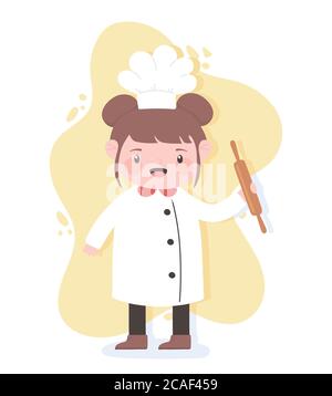 mignon fille chef personnage de dessin animé tenant rouleau broche cuisine ustensile illustration vectorielle Illustration de Vecteur