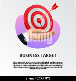 Main tenant la carte cible rouge 3D avec illustration de la flèche de tir à l'arc. Succès de l'entreprise et ciblage et atteindre un objectif. Modèle de bannière d'affiche Illustration de Vecteur