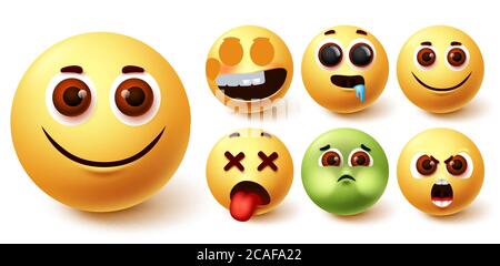 Ensemble de vecteurs émoticônes emoji. Smiley emojis mignon visage jaune dans heureux, dans l'amour, faim, fatigué, en colère et vomit humeur et sentiments pour le caractère émoticon Illustration de Vecteur