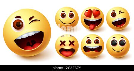 Ensemble de vecteurs émotiji smiley. Smileys jaune visage mignon emojis avec drôle, heureux, naughty et dans l'amour expression faciale pour émoticone collection de caractères Illustration de Vecteur