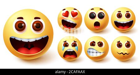 Ensemble de vecteurs émoticônes smiley. Émoticônes smileys mignon visage jaune avec heureux, pleurant, en colère, surprise et dans l'amour expression faciale pour le dessin de caractère d'avatar Illustration de Vecteur