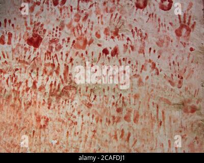 Original Old Old Old Hand Print de Kung Fu Chinese Martial Art Training sur le mur au temple de Shaolin. Dengfeng, Zhengzhou City, province de Henan, Chine, Banque D'Images