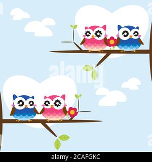 Couples de hiboux assis sur la branche. Illustration vectorielle Illustration de Vecteur