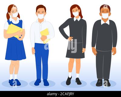 Ensemble varié d'enfants en uniforme scolaire et masque facial. Joli dessin animé simple à motif vectoriel plat. Illustration de retour à l'école. Illustration de Vecteur