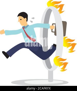 Homme d'affaires sautant sur un feu brûlant. Illustration de dessin animé vectoriel pour le concept de surmonter les défis. Illustration de Vecteur