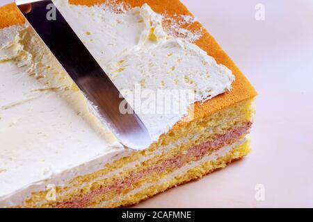 Faire un biscuit ou une couche éponge de gâteau avec de la crème blanche à l'aide d'une spatule de cuisson. Banque D'Images