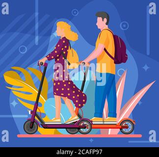 Jeune femme et homme sur le scooter de kick. Fille et homme avec sac à dos roulant sur scooter électrique. Le personnage Hipster utilise le transport urbain moderne. Transport écologique de la ville. Illustration vectorielle plate Illustration de Vecteur