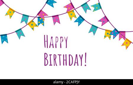 Guirlande et inscription de joyeux drapeau d'anniversaire. Drapeaux colorés sur la corde suspendus par le dessus. Illustration vectorielle plate isolée sur fond blanc Illustration de Vecteur
