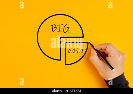 Main masculine dessin d'un graphique à secteurs avec les mots big data écrit dans lui. Concept de Big Data et de traitement de l'information. Banque D'Images