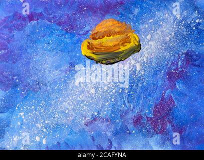 Peinture acrylique. Saturn dans un espace bleu et violet avec une façon laiteuse. Banque D'Images