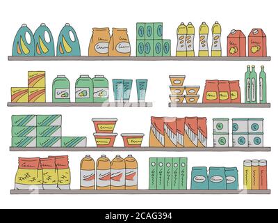 Mise en place des tablettes graphique couleur isolée croquis alimentation illustration du magasin d'alimentation vecteur Illustration de Vecteur