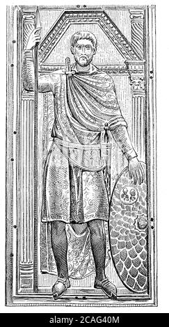 Flavius ??Aetius à 390 - 22 septembre 454, un commandant de l'Ouest romain en chef et homme politique à la fin de l'ancienne période de migration, portrait de soulagement de diptych contemporain d'ivoire dans la cathédrale de trésorerie à Monza / Flavius Aëtius, UM 390 - 22. Septembre 454, ein westremischer Heermeister und Politiker in der spaetantiken Voelkerwanderungszeit, relief Portrait von der zeitgenoessischen Elfenbein Diptychon in der Domschatzkammer nach Monza, Historisch, historique, numérique amélioration de la reproduction d'un original du XIXe siècle / Redigitalier 19. Jahrhund Banque D'Images