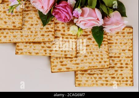 Pain Matzah avec roses roses. Concept de fête de la Pâque juive. Gros plan. Banque D'Images