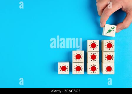 Main humaine placer un cube en bois avec le symbole de seringue de vaccin sur les cubes avec le symbole du coronavirus. Arrêt de la recherche, de la solution et du traitement des vaccins Banque D'Images