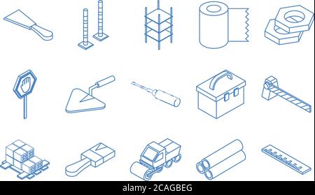 construction de réparation isométrique outil de travail et équipement spatule à brouette scie camion pelle plate icônes ensemble illustration vectorielle Illustration de Vecteur