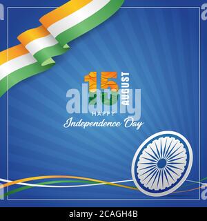 Jour de l'indépendance de l'Inde papier peint bannière attrayante avec roue Ashoka, drapeau indien National Tricolore vague sur carré taille radiale dégradé bleu Backgr Illustration de Vecteur