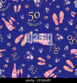 Cinquante et fabuleux fond de motif vectoriel sans couture. Rose girly, or, fond violet avec texte, tongs chaussures, bouteilles de champagne, lunettes de fizing Illustration de Vecteur