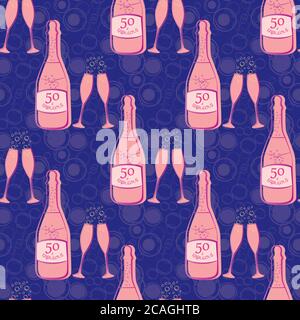 Cinquante et fabuleux fond de motif vectoriel sans couture. Toile de fond texturée à bulles roses et violettes Girly avec bouteilles de champagne, verres à fizing, texte Illustration de Vecteur